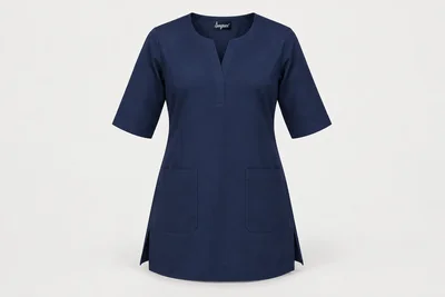 Nursing Tunics — Women’s navy longline elbow-sleeve tunic, modest round split neck, side vents and two lower patch pockets. product front. Illustrative catalogue concept.