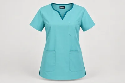 Nursing Tunics — Unisex aqua V-notch short-sleeve tunic with three utility pockets and dark teal narrow neckline binding. product front. Illustrative catalogue concept.