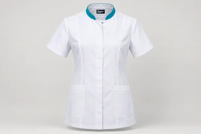 Nursing Tunics — Men’s white short-sleeve tunic with teal stand collar trim, concealed snap closure and lower pockets. product front. Illustrative catalogue concept.