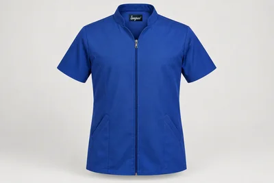 Nursing Tunics — Men’s royal-blue short-sleeve tunic with modest stand collar, front zip and two angled pockets. product front. Illustrative catalogue concept.