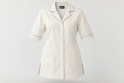 Nursing Tunics — Women’s ivory elbow-sleeve relaxed tunic with pale-grey revere collar piping, side vents and two patch pockets. product front. Illustrative catalogue concept.
