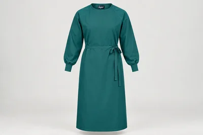 OT and Procedure Gowns — Unisex dark-teal calf-length cloth procedure-gown concept with fabric wrist bands, raglan sleeves and waist ties. product front. Illustrative catalogue concept.