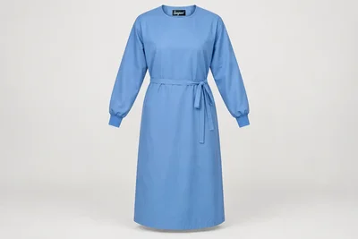 OT and Procedure Gowns — Unisex azure-blue calf-length cloth procedure-gown concept, smooth round neck, long set-in sleeves and blue knit cuffs. product front. Illustrative catalogue concept.