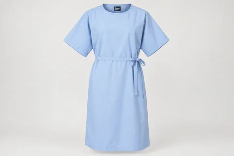 Patient Gowns — Unisex pale-blue knee-length patient gown with wide short sleeves, round neckline and overlapping rear tie closure. product front. Illustrative catalogue concept.