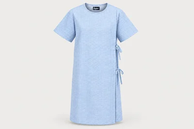 Patient Gowns — Unisex tiny blue-white check knee-length patient gown, short sleeves, round neck, rear overlap ties. product front. Illustrative catalogue concept.