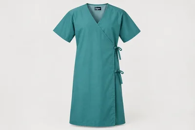 Patient Gowns — Unisex muted teal knee-length patient gown, overlapping front panels with two short side-secured fabric ties and short sleeves. product front. Illustrative catalogue concept.
