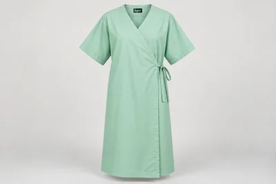 Patient Gowns — Unisex mint-green below-knee patient wrap gown, broad short sleeves, secure overlap and short attached waist ties. product front. Illustrative catalogue concept.
