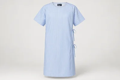 Patient Gowns — Unisex pale blue-white fine-stripe knee-length patient gown, round neckline and short sleeves. product front. Illustrative catalogue concept.