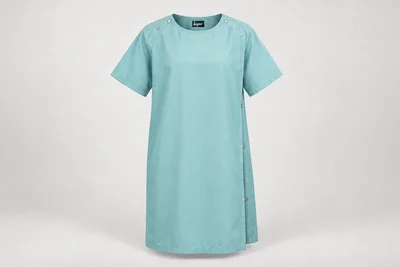 Patient Gowns — Unisex aqua knee-length patient gown with short sleeves, discreet shoulder snaps and rear overlap. product front. Illustrative catalogue concept.