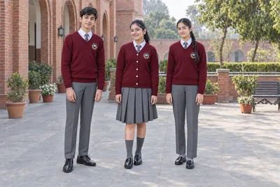 Catalogue design concept: Maroon Winter Layers. V-neck sweaters and cardigans with pressed white shirts and grey bottoms. North Indian models in an Indian setting.