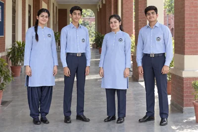 Catalogue design concept: Senior School Coordinates. Blue kurta sets and striped shirts with coordinated navy bottoms. North Indian models in an Indian setting.