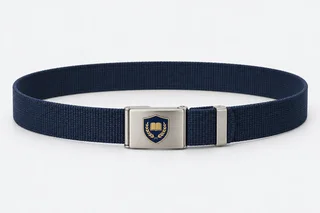 School Belts — plain navy webbing, brushed silver rectangular clamp buckle. product. Illustrative catalogue concept.