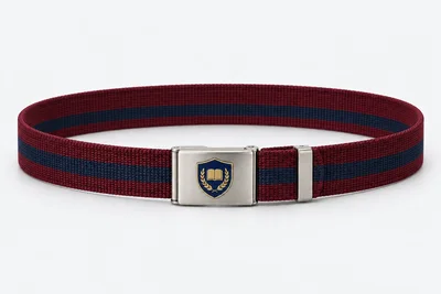 School Belts — burgundy webbing with navy central stripe, silver rectangular clamp buckle. product. Illustrative catalogue concept.