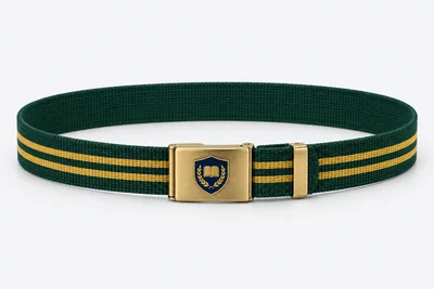 School Belts — bottle green webbing with two gold stripes, brass rectangular clamp buckle. product. Illustrative catalogue concept.