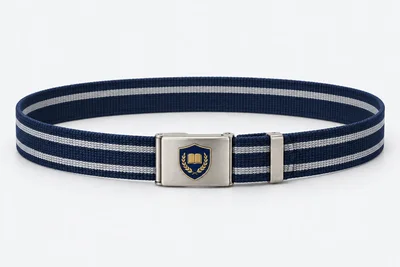 School Belts — navy webbing with two silver stripes, brushed silver rectangular clamp buckle. product. Illustrative catalogue concept.