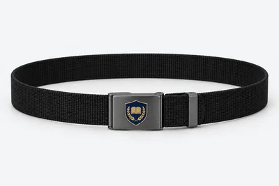 School Belts — black webbing, matte charcoal rectangular clamp buckle. product. Illustrative catalogue concept.