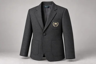 School Blazers — Charcoal single-button patch pockets. product. Illustrative catalogue concept.