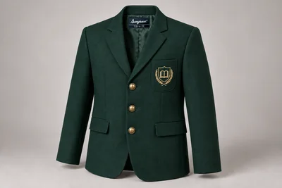 School Blazers — Bottle-green brass buttons. product. Illustrative catalogue concept.