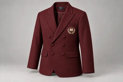 School Blazers — Burgundy six-button double-breasted. product. Illustrative catalogue concept.