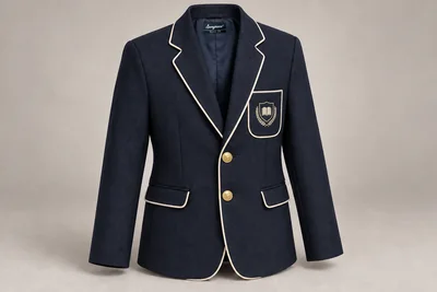 School Blazers — Navy cream piping and gold buttons. product. Illustrative catalogue concept.
