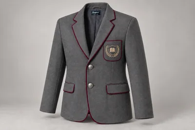 School Blazers — Grey burgundy piping and silver buttons. product. Illustrative catalogue concept.