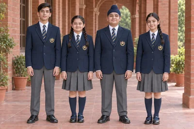 School Blazers — Navy matching-button school set. models. Illustrative catalogue concept.