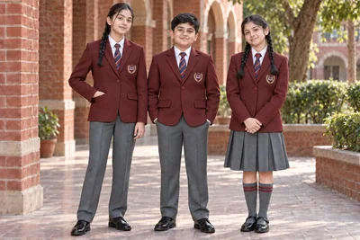 School Blazers — Burgundy single-button school set. models. Illustrative catalogue concept.