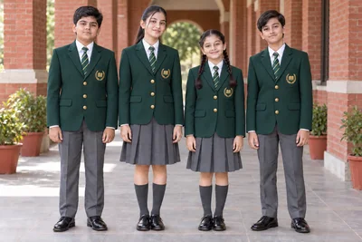 School Blazers — Bottle-green brass-button school set. models. Illustrative catalogue concept.