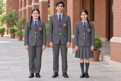 School Blazers — Grey silver-button school set. models. Illustrative catalogue concept.