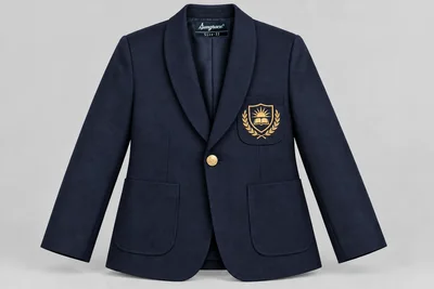 School Blazers — Navy shawl-collar ceremonial blazer. product. Illustrative catalogue concept.
