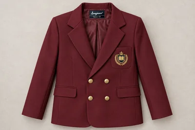School Blazers — Burgundy four-button double-breasted. product. Illustrative catalogue concept.