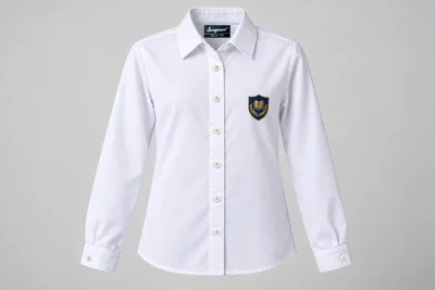 Full-Sleeve School Blouses — white pocket-free pointed-collar blouse with direct left-chest embroidery. front product photograph. Illustrative catalogue concept.