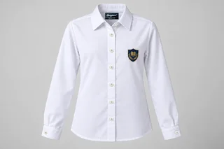 Full-Sleeve School Blouses — white pocket-free pointed-collar blouse with direct left-chest embroidery. front product photograph. Illustrative catalogue concept.