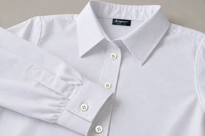 Full-Sleeve School Blouses — white pointed collar, button placket and long-sleeve cuff. macro construction detail photograph. Illustrative catalogue concept.