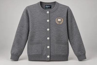 Full-Sleeve School Cardigans — Grey round-neck cardigan. product. Illustrative catalogue concept.