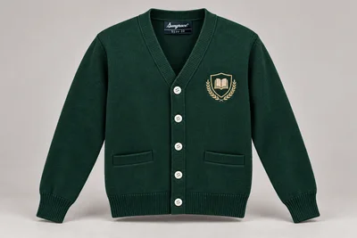 Full-Sleeve School Cardigans — Bottle green cardigan. product. Illustrative catalogue concept.