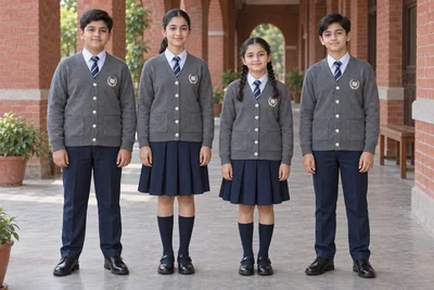 Full-Sleeve School Cardigans — Grey cardigan school group. model. Illustrative catalogue concept.