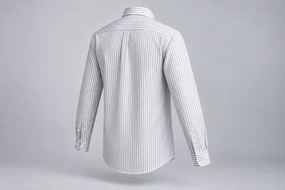Full-Sleeve School Shirts — Fine grey stripe. rear three-quarter product photograph. Illustrative catalogue concept.