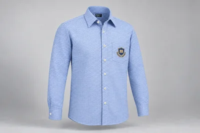 Full-Sleeve School Shirts — Blue check. front three-quarter product photograph. Illustrative catalogue concept.