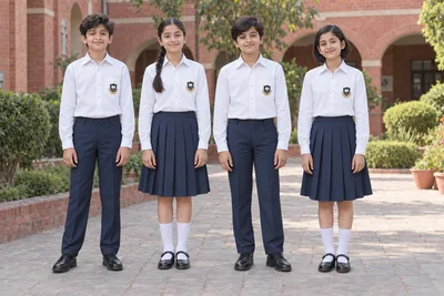 Full-Sleeve School Shirts — White classic; two boys and two girls. full-length front group location photograph. Illustrative catalogue concept.