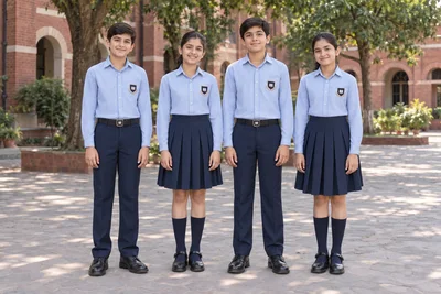 Full-Sleeve School Shirts — Blue check; two boys and two girls. full-length front group location photograph. Illustrative catalogue concept.