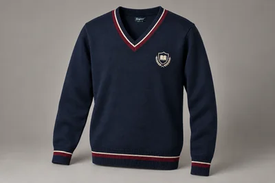 Full-Sleeve School Sweaters — Navy with burgundy contrast rib. product. Illustrative catalogue concept.