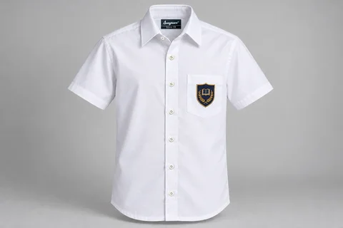 Half-Sleeve School Shirts — white with navy and gold sample shield crest. front product photograph. Illustrative catalogue concept.