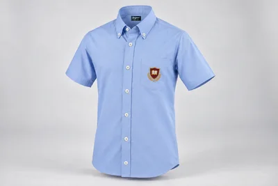 Half-Sleeve School Shirts — powder blue with burgundy and gold sample crest. front three-quarter product photograph. Illustrative catalogue concept.