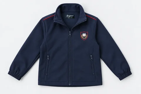 School Jackets for Small Children — navy softshell jacket, stand collar, red narrow shoulder piping, two neat inset zipped pockets and central navy zip. product. Illustrative catalogue concept.