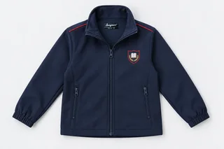 School Jackets for Small Children — navy softshell jacket, stand collar, red narrow shoulder piping, two neat inset zipped pockets and central navy zip. product. Illustrative catalogue concept.