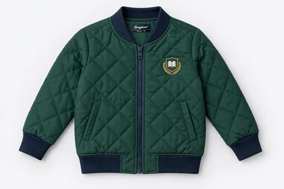 School Jackets for Small Children — forest green lightly quilted bomber, narrow navy ribbed collar cuffs hem, navy central zipper, subtle diamond quilting. product. Illustrative catalogue concept.