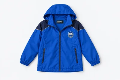 School Jackets for Small Children — royal blue lightweight school rain shell, simple hood laid back flat, navy shoulder panel, waterproof-style zip, NO hood drawstrings. product. Illustrative catalogue concept.