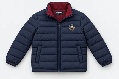 School Jackets for Small Children — navy horizontal channel quilted winter jacket, zip front, stand collar, burgundy inside collar, no hood. product. Illustrative catalogue concept.