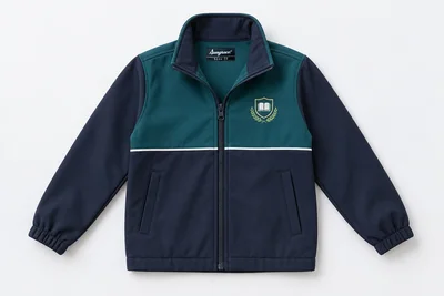School Jackets for Small Children — deep teal softshell body with navy lower panel and sleeves, stand collar, thin white piping separating navy chest panel. product. Illustrative catalogue concept.